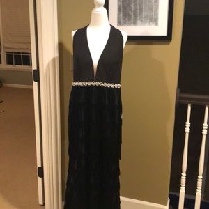 Mac Duggal black fringe gown